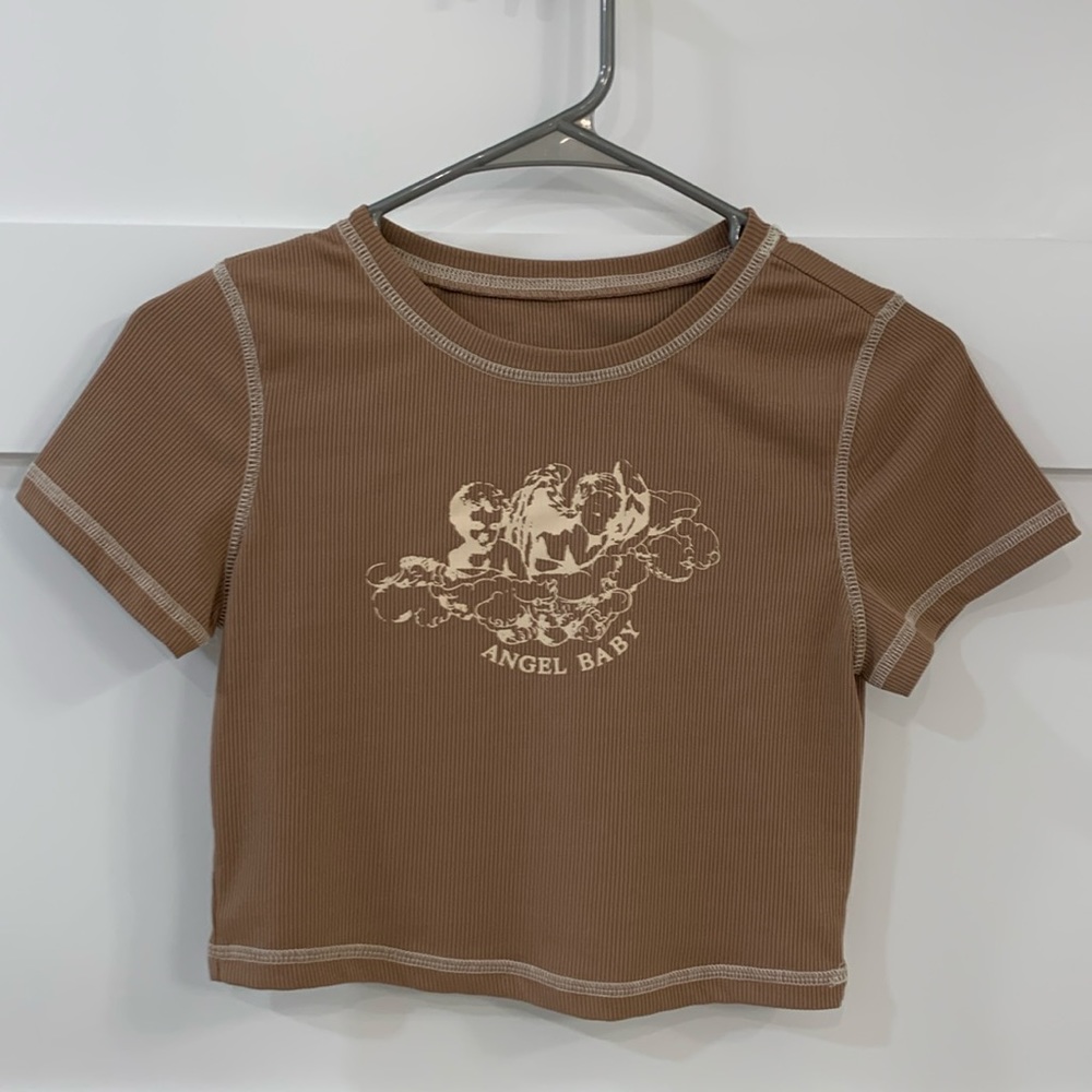 SHEIN light brown Ribbed Cropped Baby Doll Tee with Angel Baby Design Small